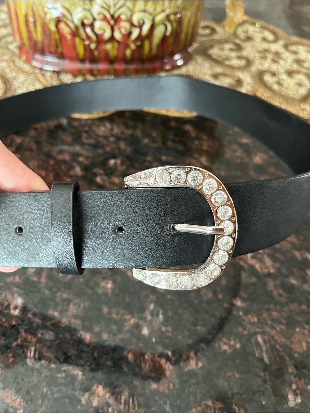 Women's Black Faux Leather Belt — Minimalist Style With Rhinestone Buckle SZ Lg